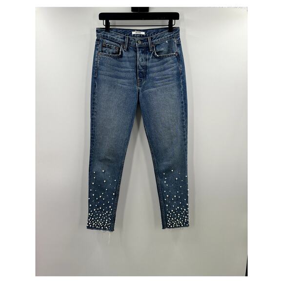 GRLFRND KAROLINA FAUX PEARL & CRYSTAL EMBELLISHED High Waist SKINNY JEANS 26 - Picture 2 of 10